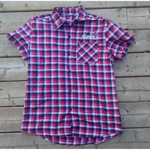 Budweiser Men's Button Down Shirt Size Medium Causal Short Sleeve Plaid Red - Picture 1 of 9